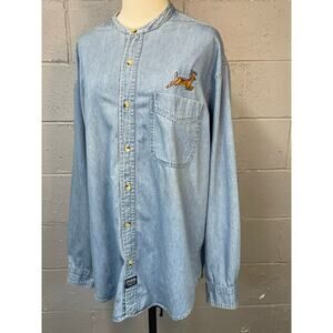 Vintage 90s Embroidered Light Wash Button Up Denim Shirt Embroidered Deer Buck